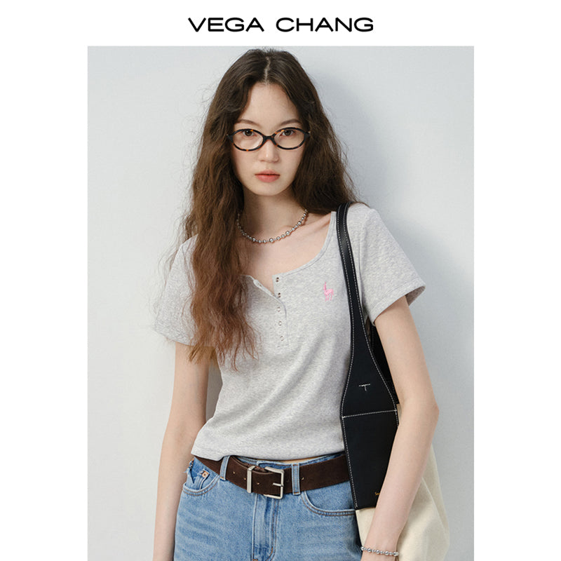 Embroidered Henley Neck T-Shirt