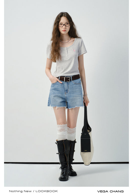 Embroidered Henley Neck T-Shirt