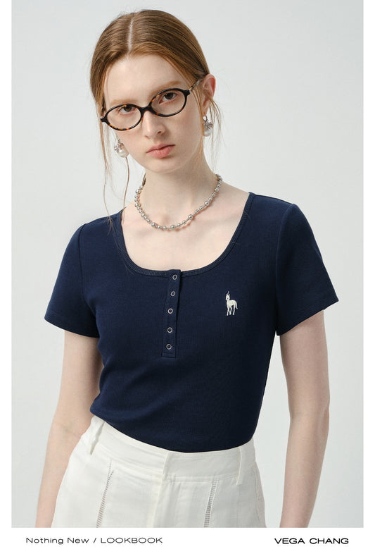 Embroidered Henley Neck T-Shirt