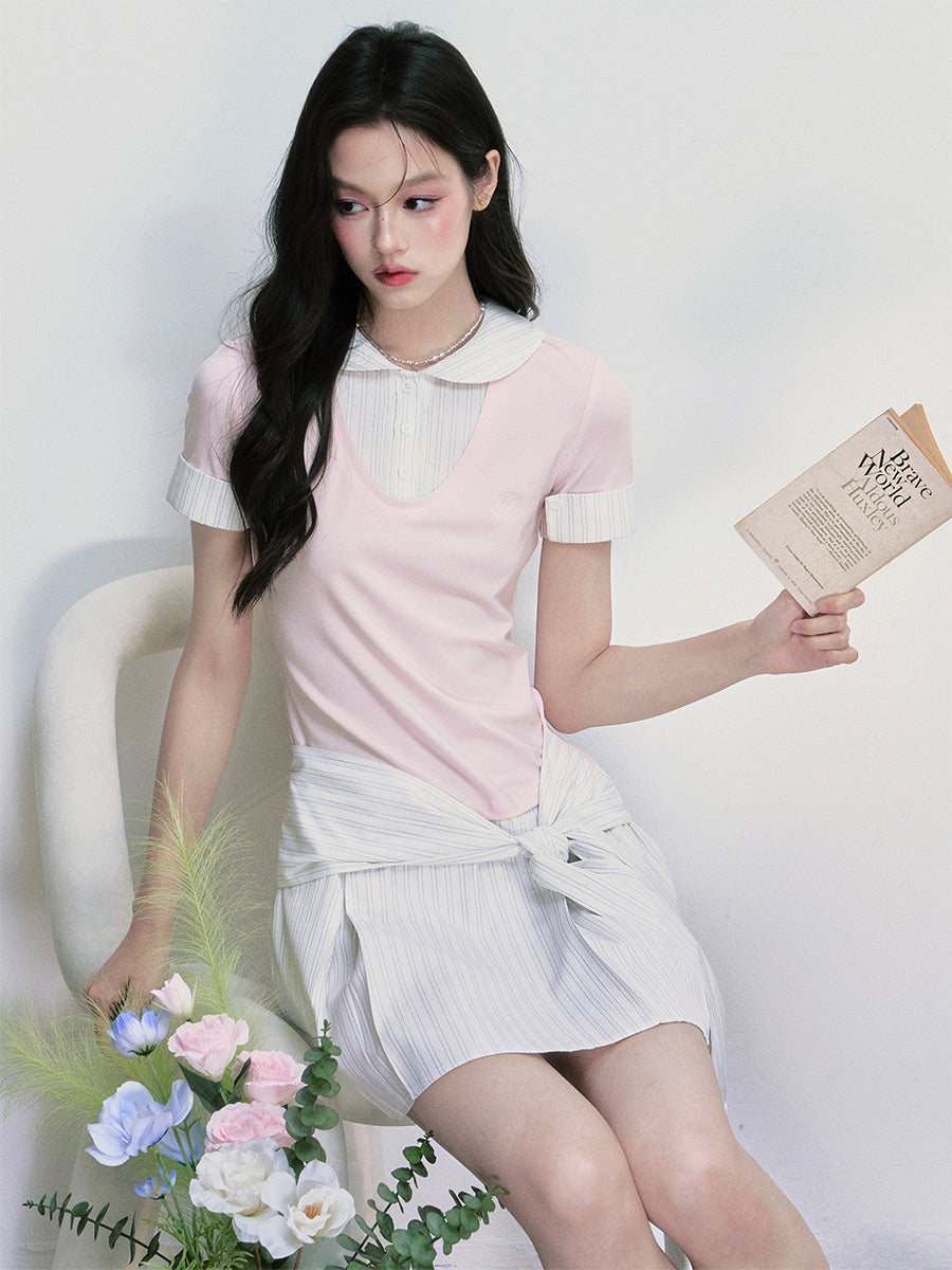 College-Style Round-Collar Layered Dress