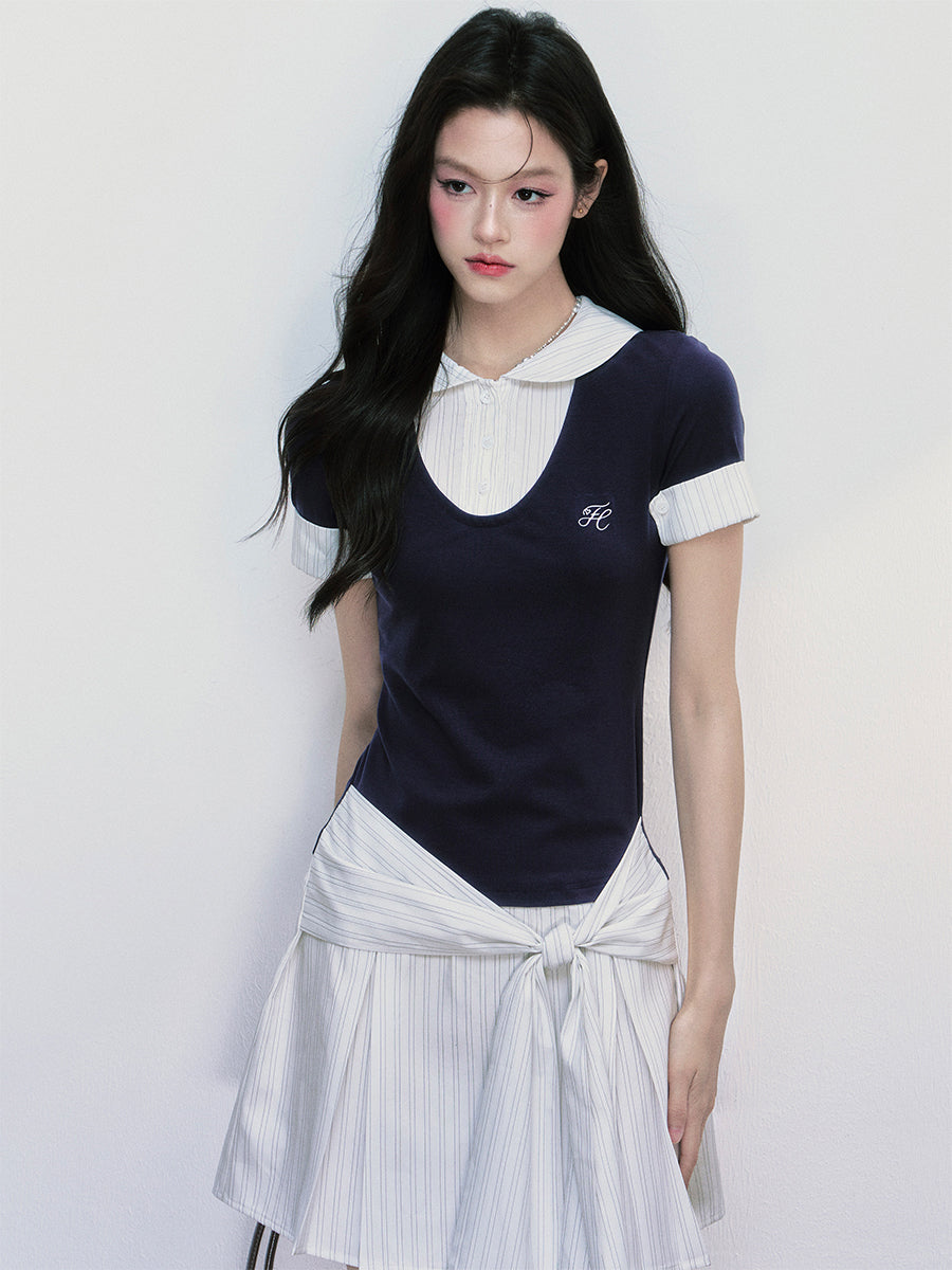 College-Style Round-Collar Layered Dress