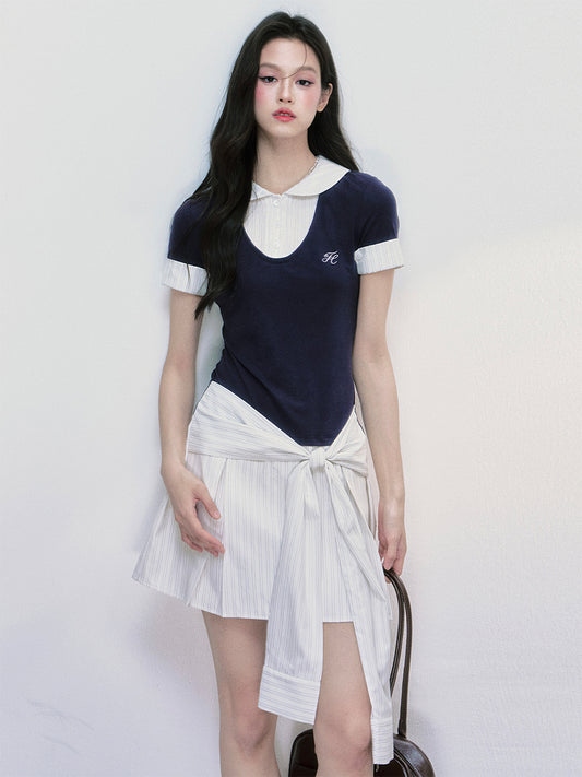 College-Style Round-Collar Layered Dress