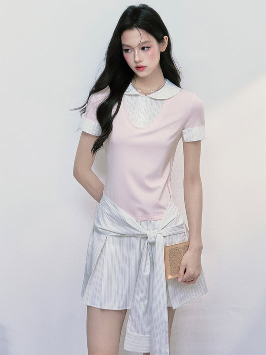 College-Style Round-Collar Layered Dress