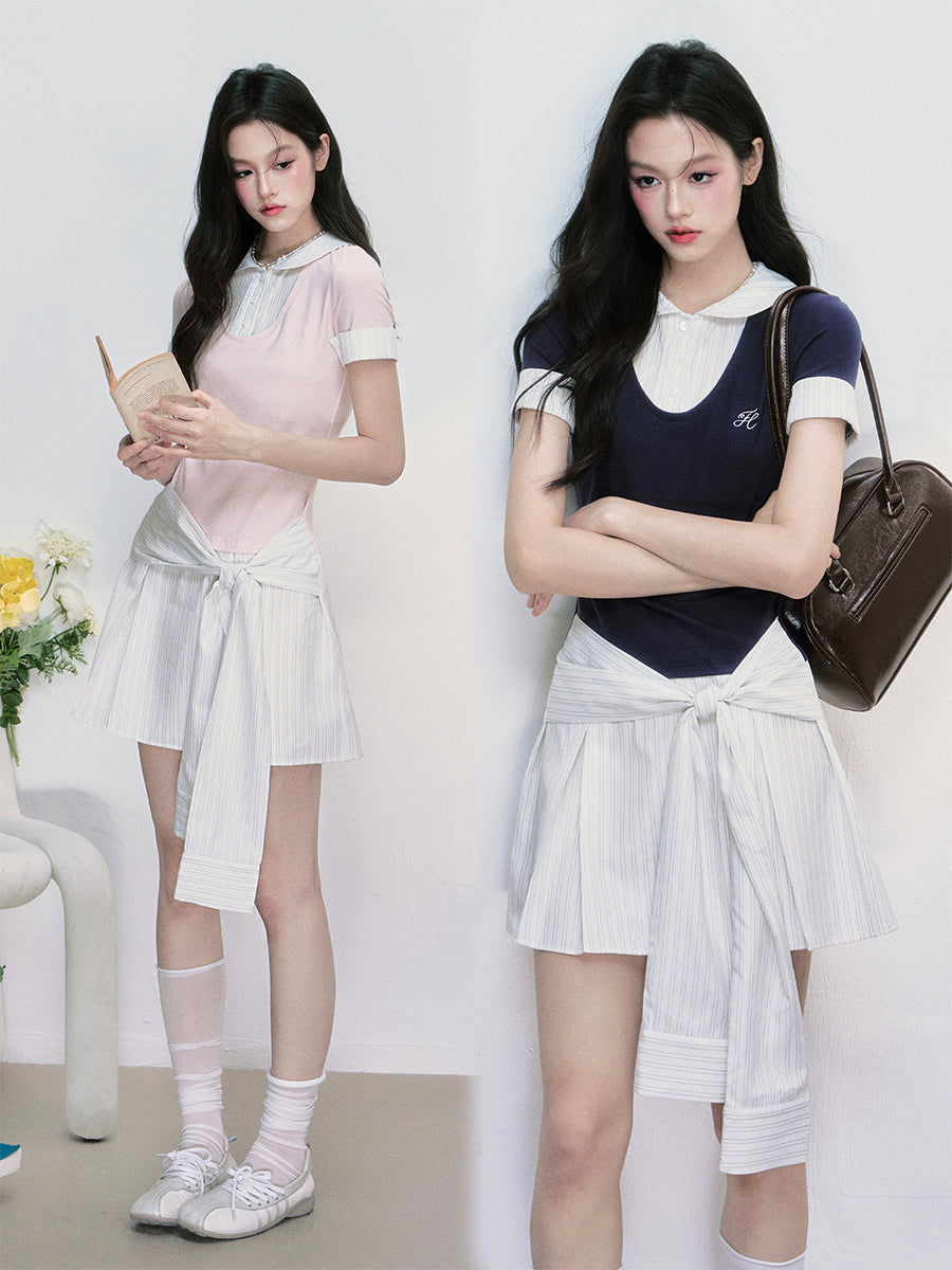 College-Style Round-Collar Layered Dress