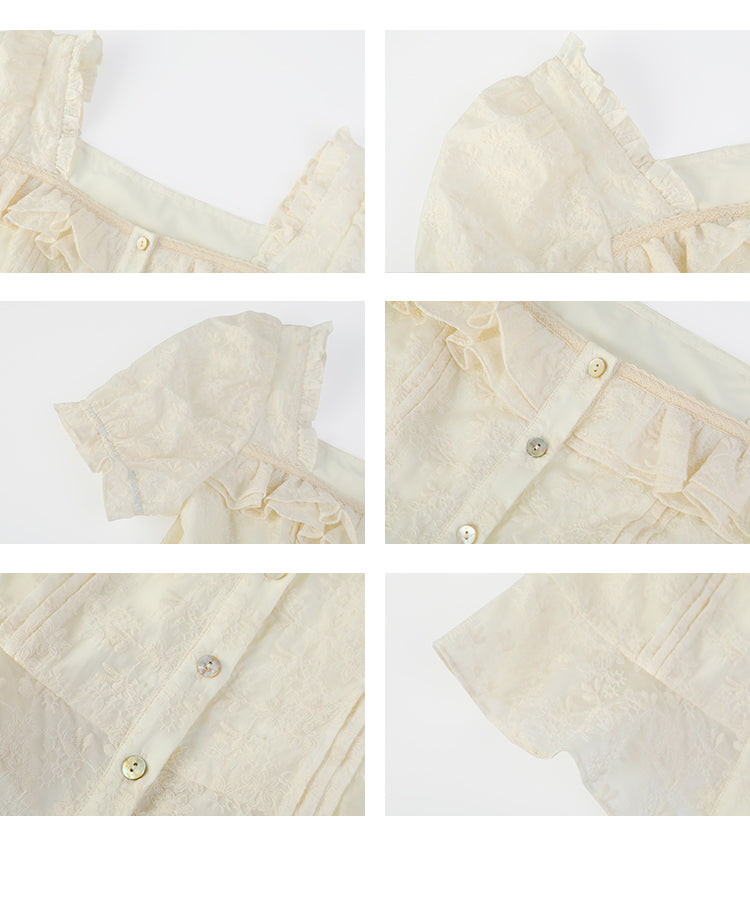 Embroidered Puff-Sleeve Ruffled Blouse
