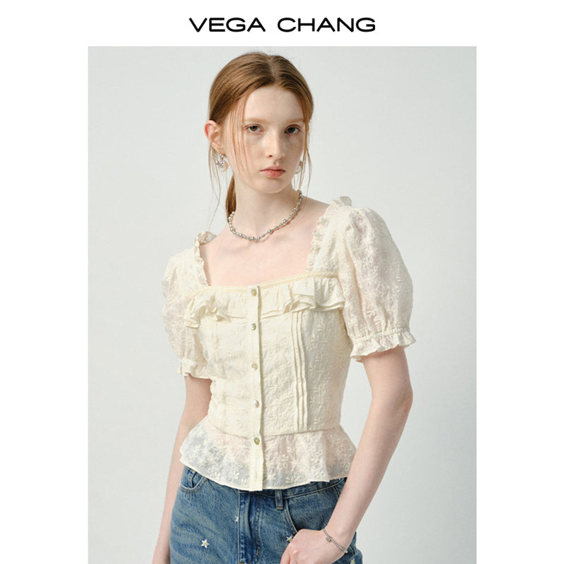 Embroidered Puff-Sleeve Ruffled Blouse