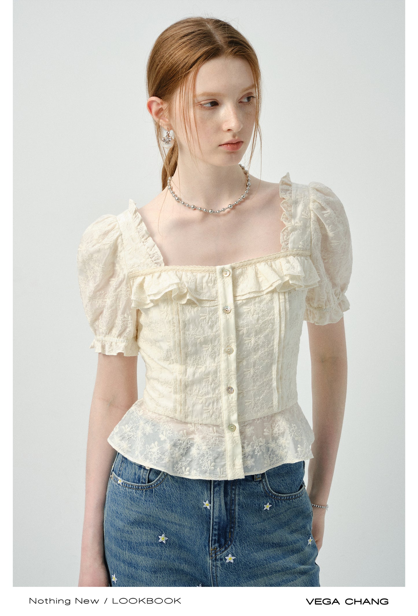 Embroidered Puff-Sleeve Ruffled Blouse