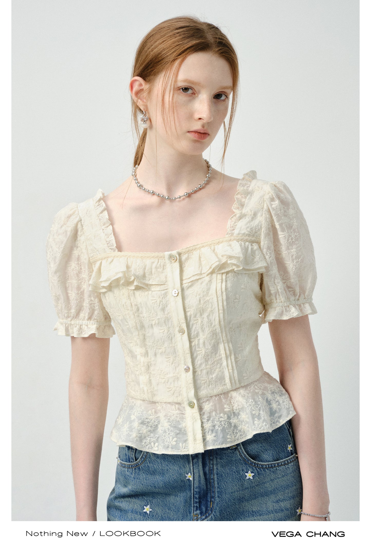 Embroidered Puff-Sleeve Ruffled Blouse