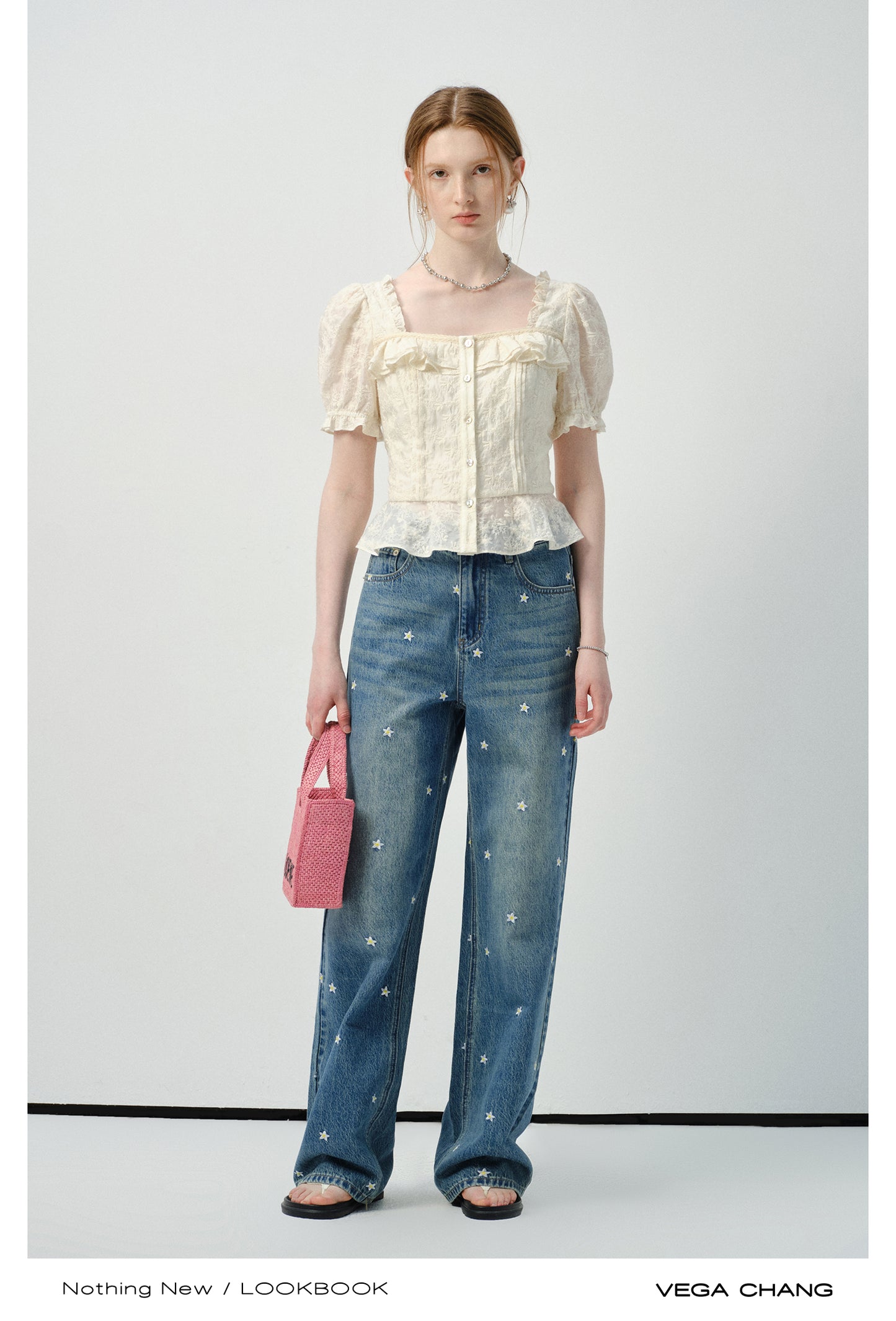 Embroidered Puff-Sleeve Ruffled Blouse