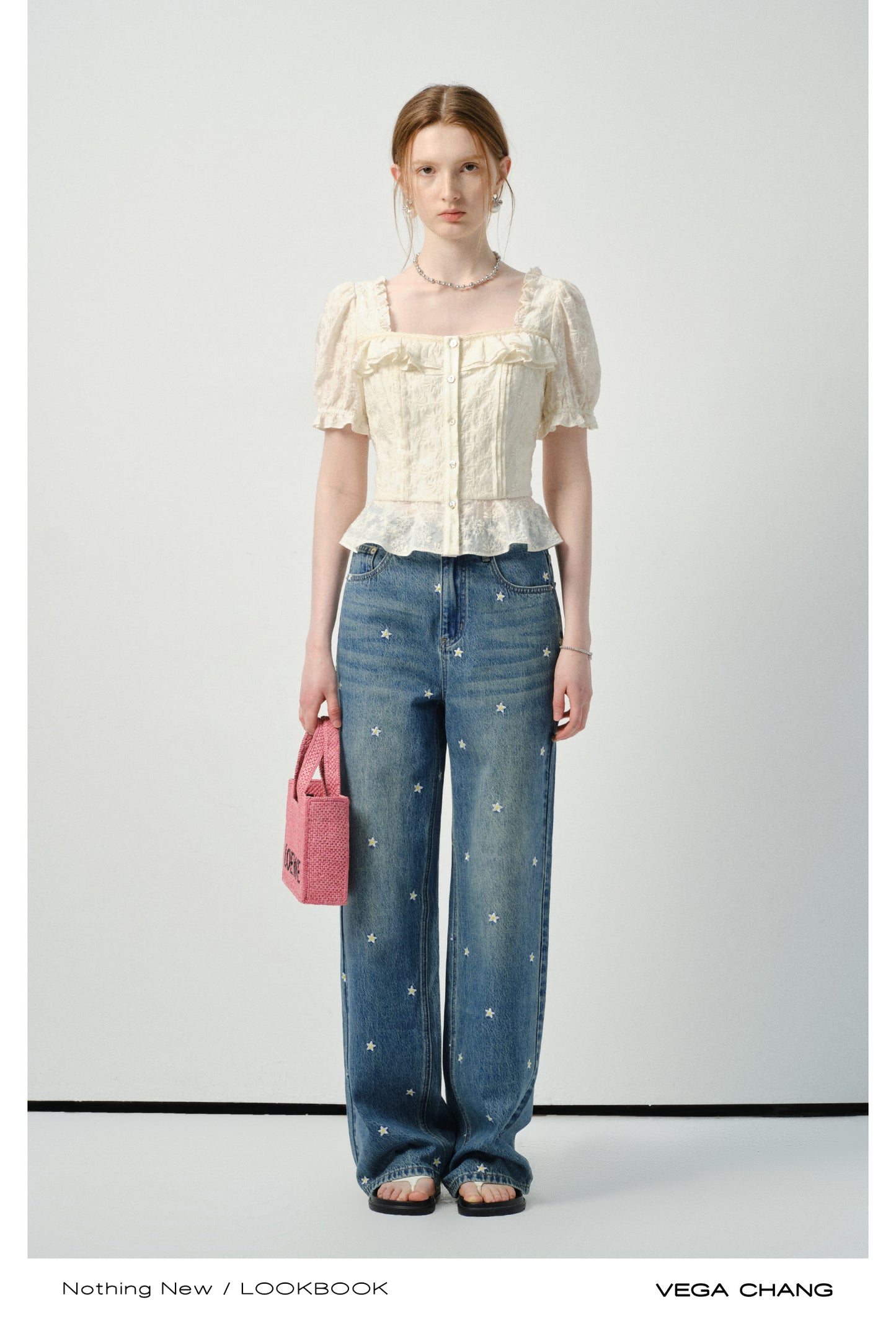 Embroidered Puff-Sleeve Ruffled Blouse