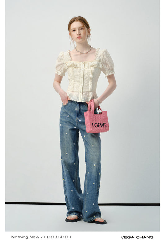 Embroidered Puff-Sleeve Ruffled Blouse