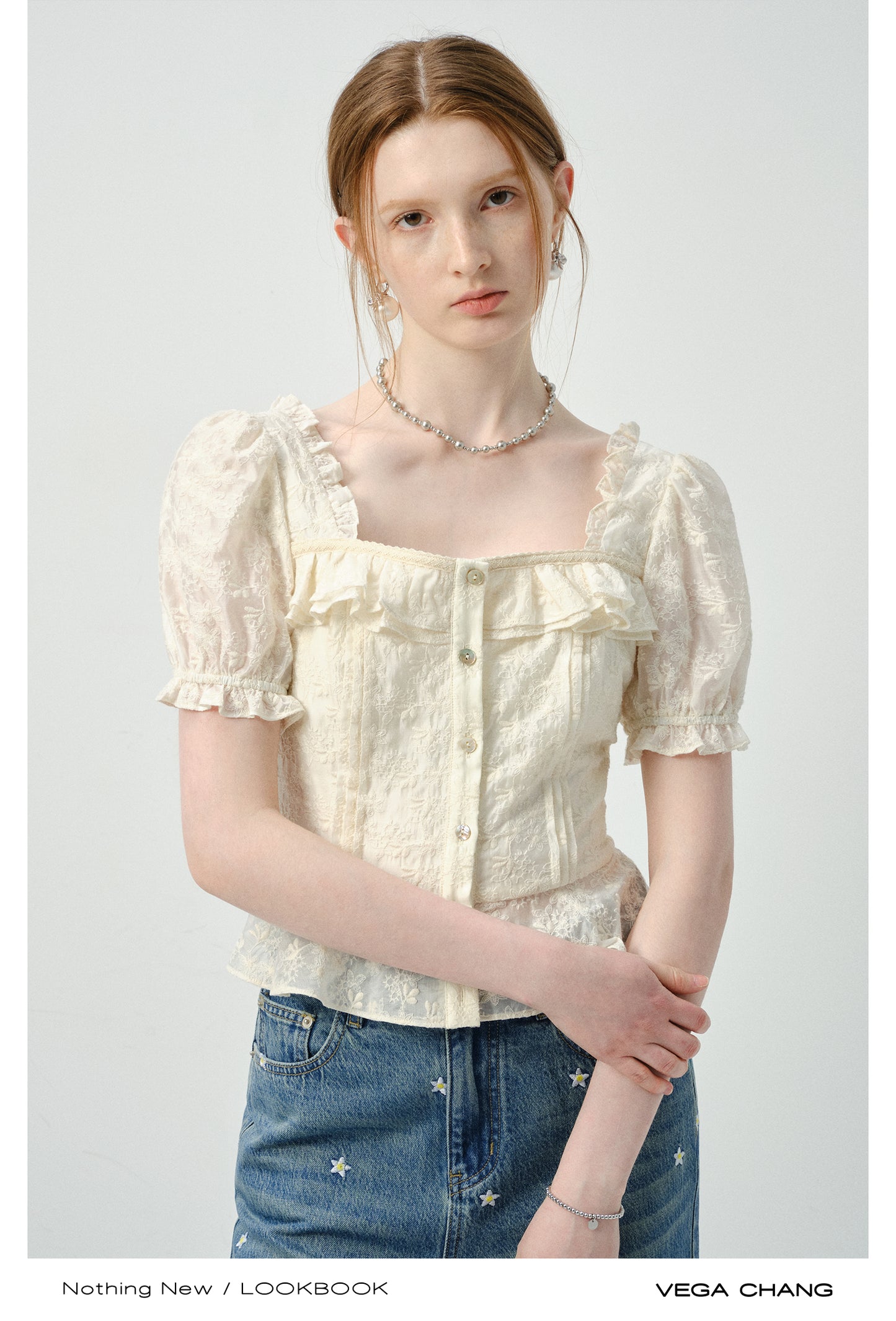 Embroidered Puff-Sleeve Ruffled Blouse