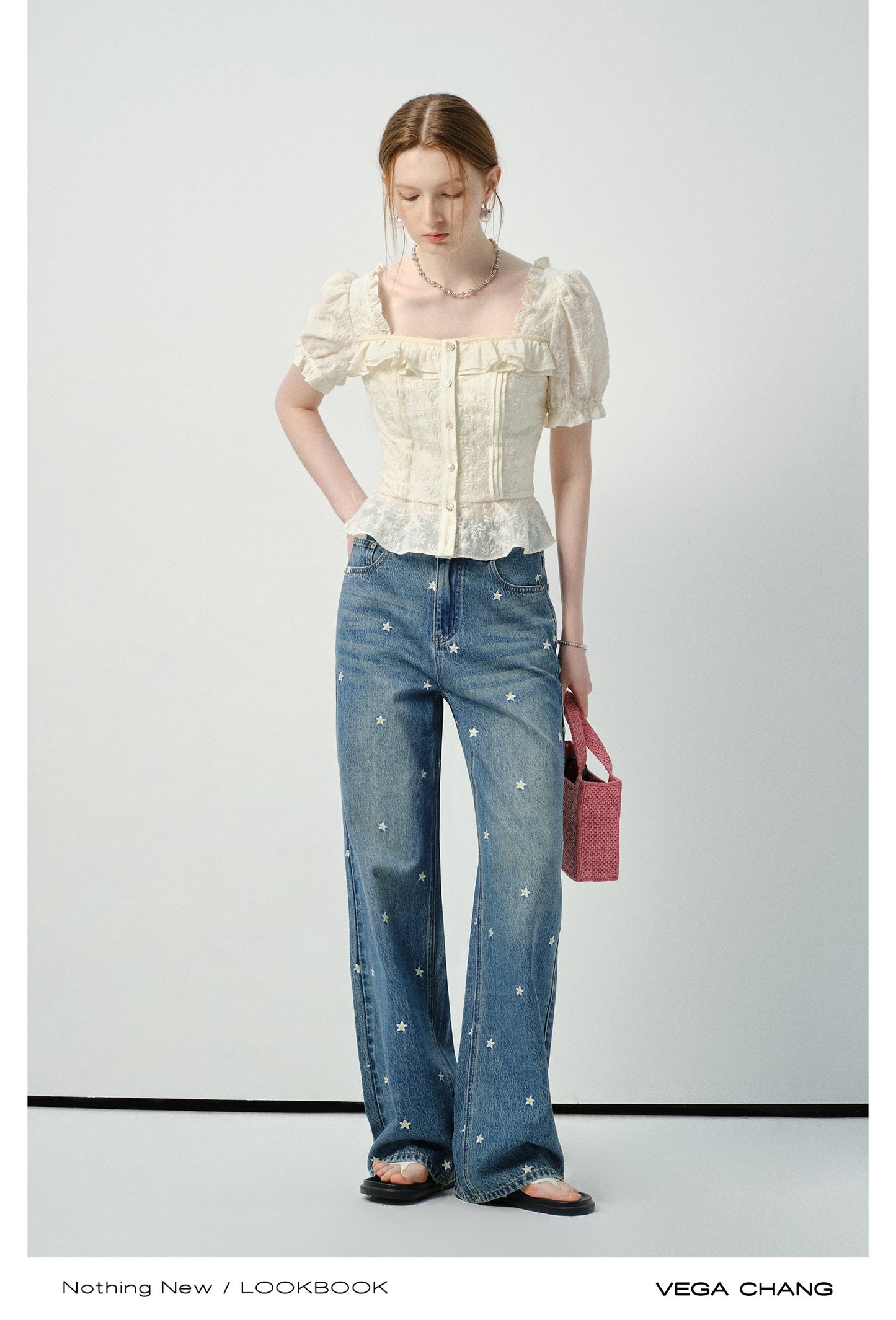 Embroidered Puff-Sleeve Ruffled Blouse