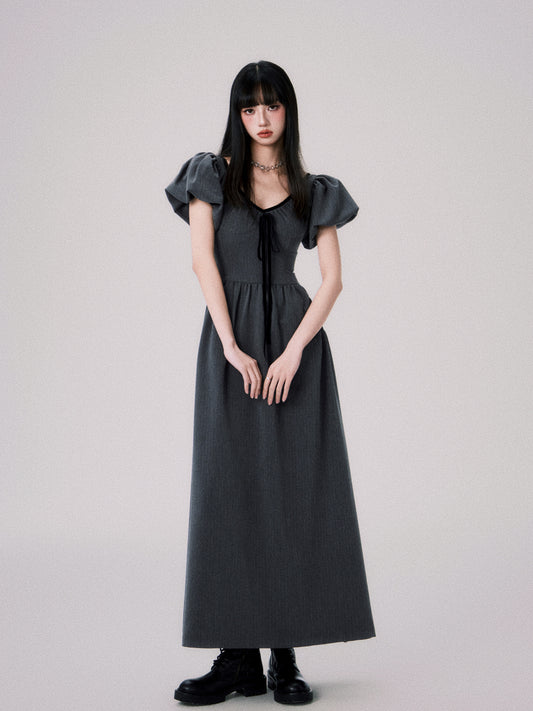 V-Neck Balloon Sleeve Dress With Velvet Ribbon