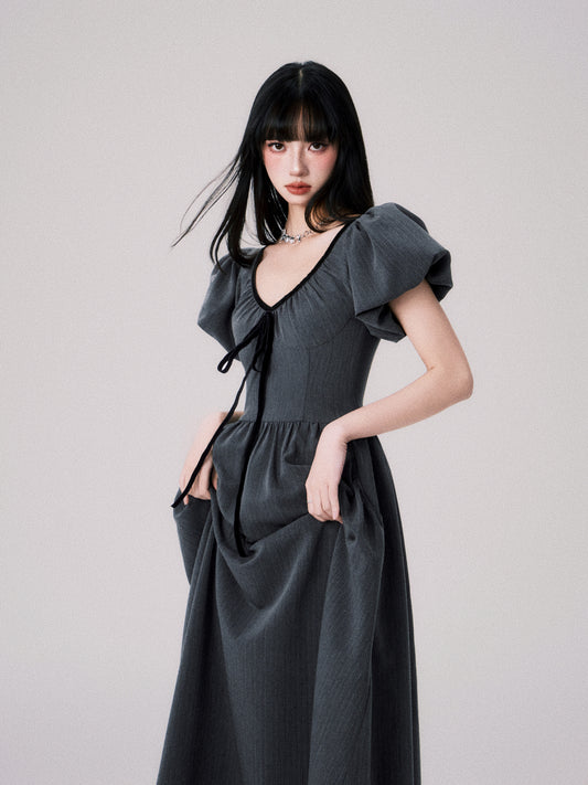 V-Neck Balloon Sleeve Dress With Velvet Ribbon