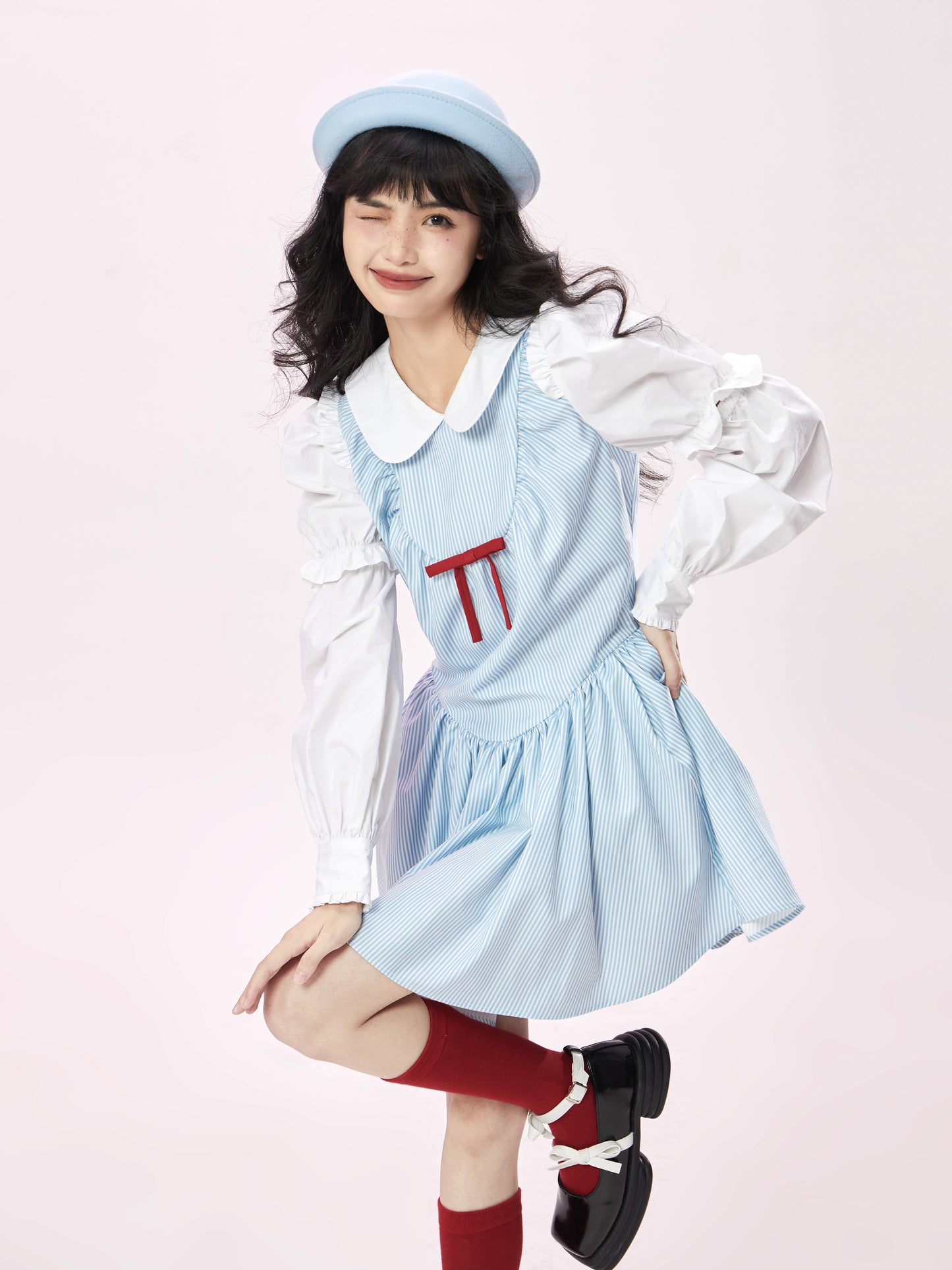 Striped Faux Layered Dress With Detachable Sleeves