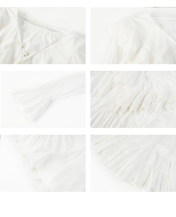 Tie-Neck Bell-Sleeve Dress With Layered Lace Collar