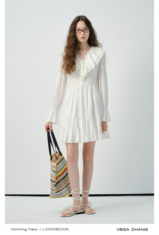 Tie-Neck Bell-Sleeve Dress With Layered Lace Collar