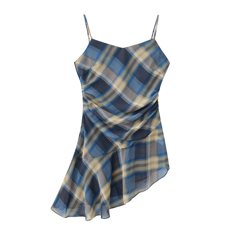Asymmetric Draped Plaid Peplum Camisole