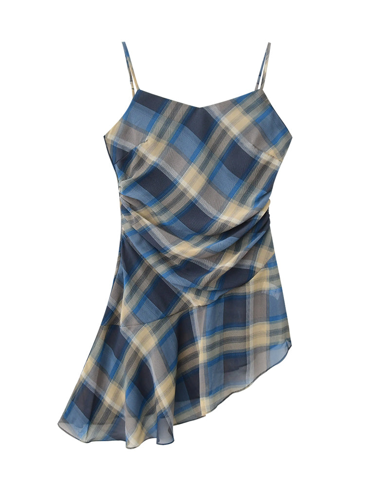 Asymmetric Draped Plaid Peplum Camisole