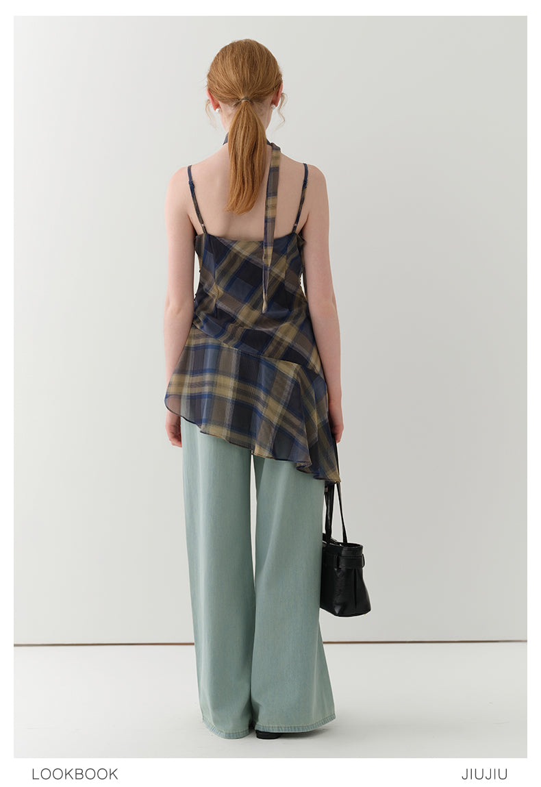 Asymmetric Draped Plaid Peplum Camisole