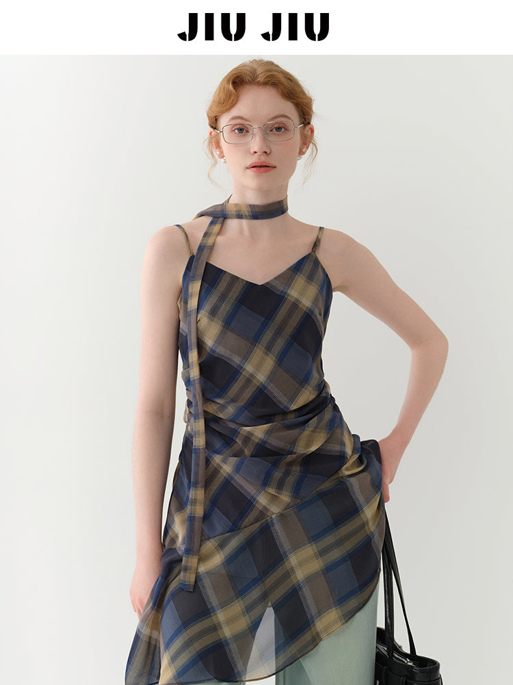 Asymmetric Draped Plaid Peplum Camisole