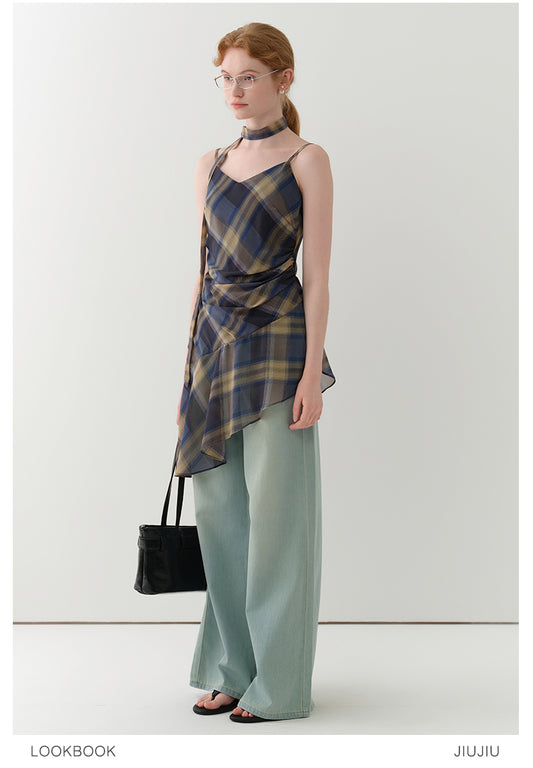Asymmetric Draped Plaid Peplum Camisole