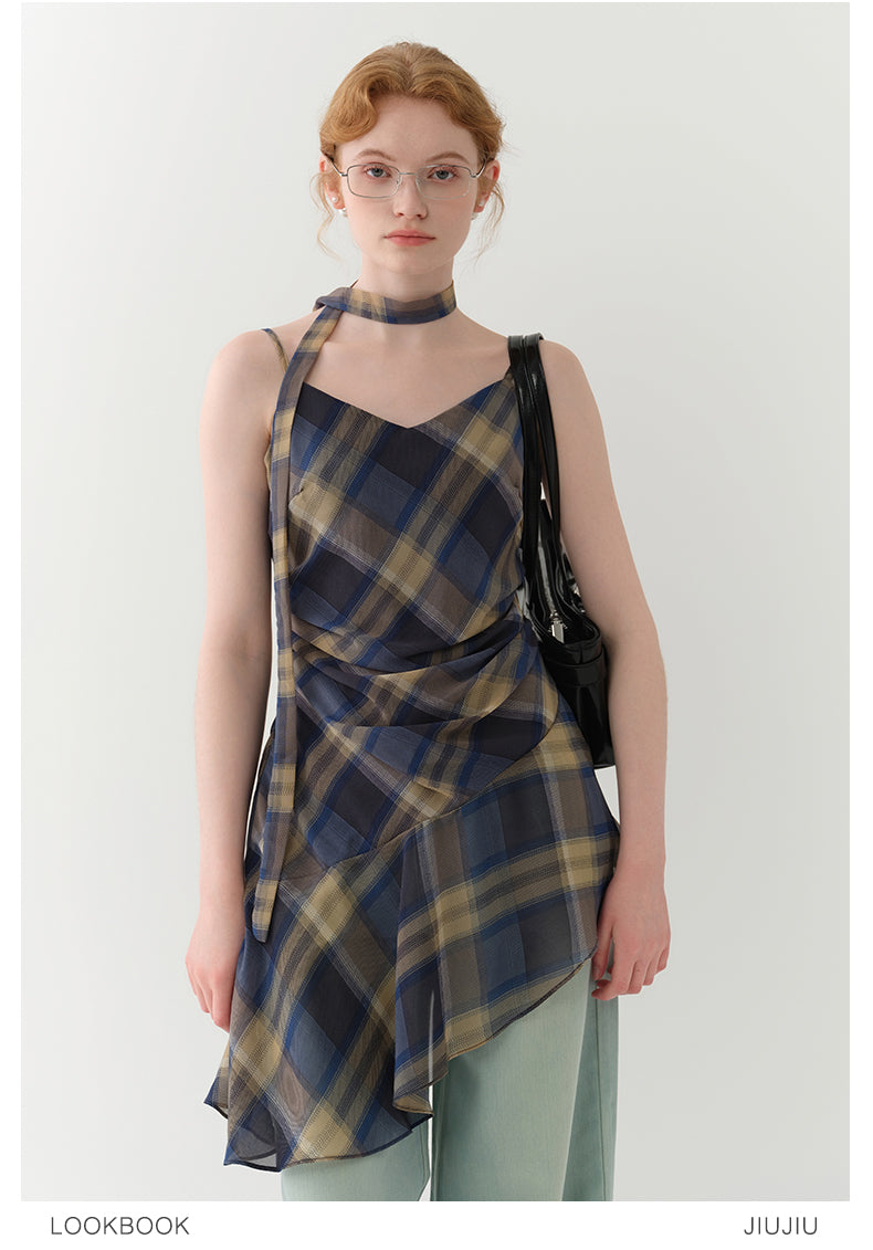 Asymmetric Draped Plaid Peplum Camisole
