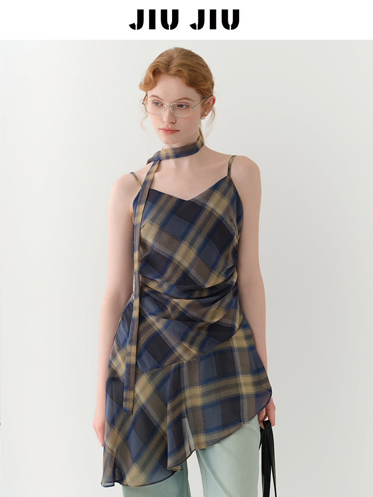 Asymmetric Draped Plaid Peplum Camisole