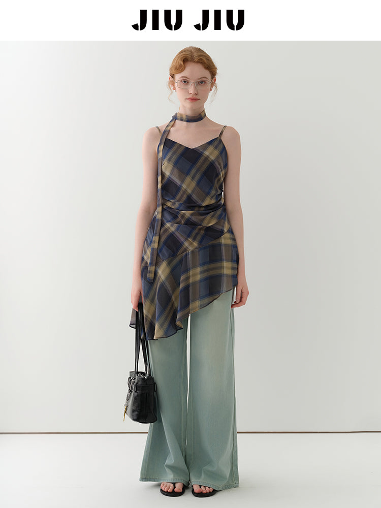 Asymmetric Draped Plaid Peplum Camisole