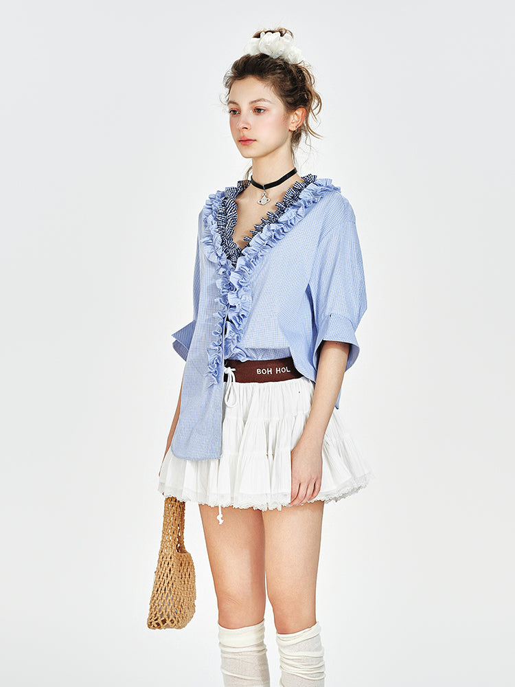 V-Neck Ruffled Blouse With Half Sleeves