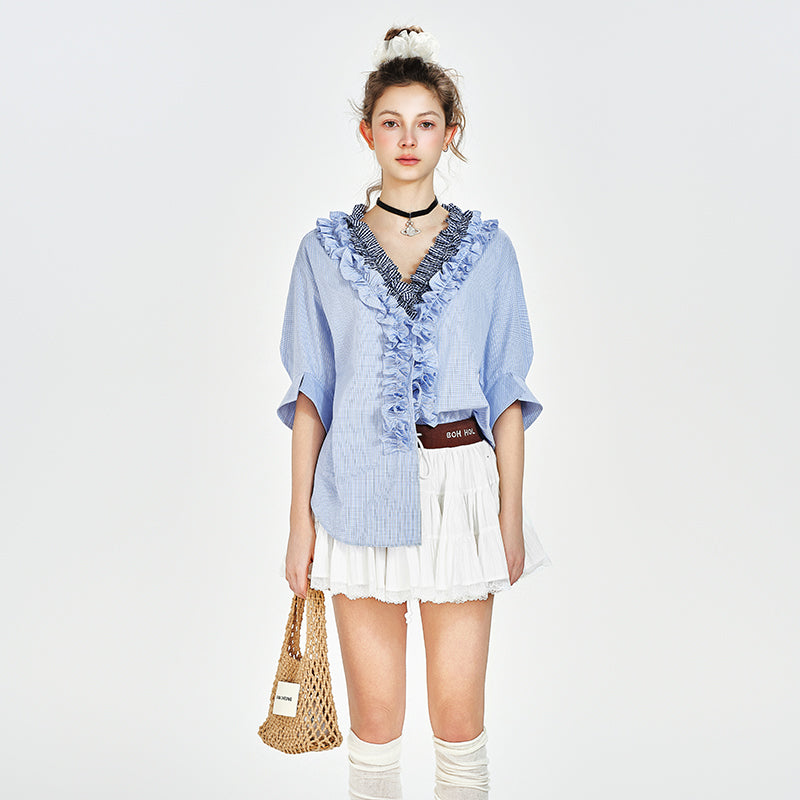 V-Neck Ruffled Blouse With Half Sleeves