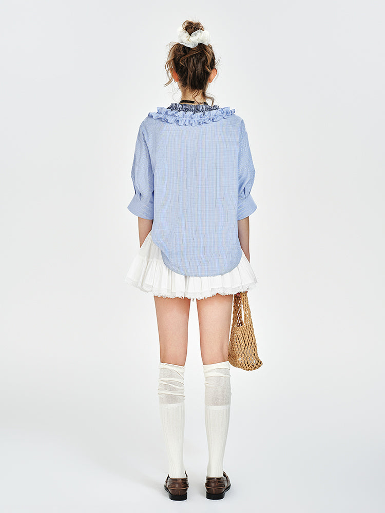 V-Neck Ruffled Blouse With Half Sleeves