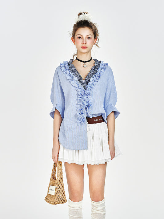 V-Neck Ruffled Blouse With Half Sleeves