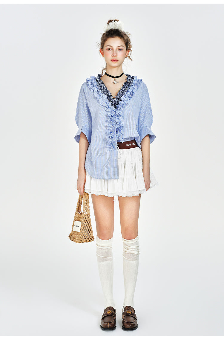 V-Neck Ruffled Blouse With Half Sleeves