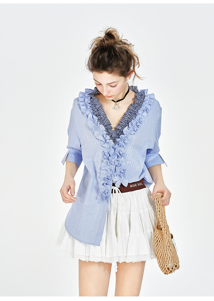 V-Neck Ruffled Blouse With Half Sleeves
