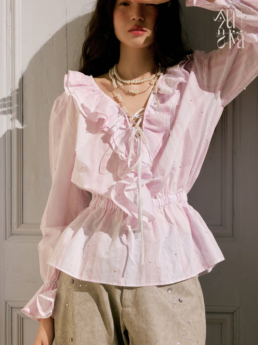 Ruffled Striped Lace-Up V-Neck Blouse