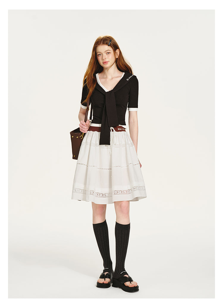 Layered Contrast Top With Sailor Collar And Tie Detail