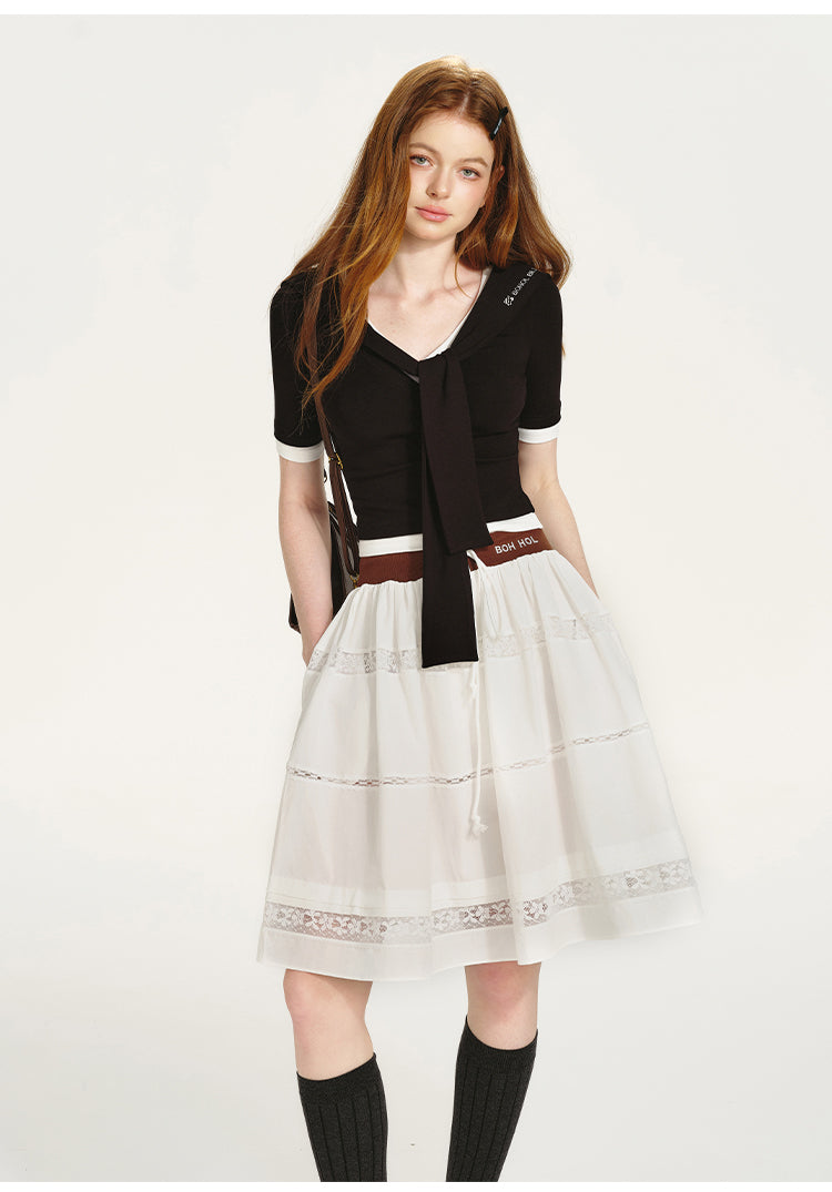 Layered Contrast Top With Sailor Collar And Tie Detail