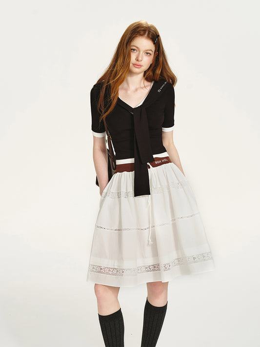 Layered Contrast Top With Sailor Collar And Tie Detail
