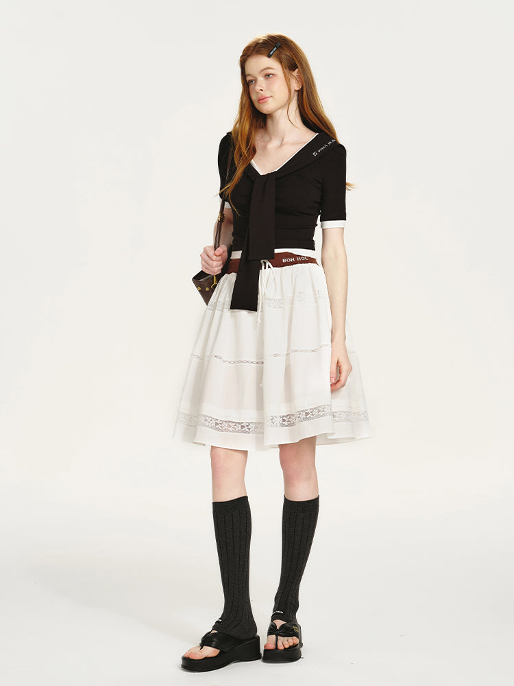 Layered Contrast Top With Sailor Collar And Tie Detail