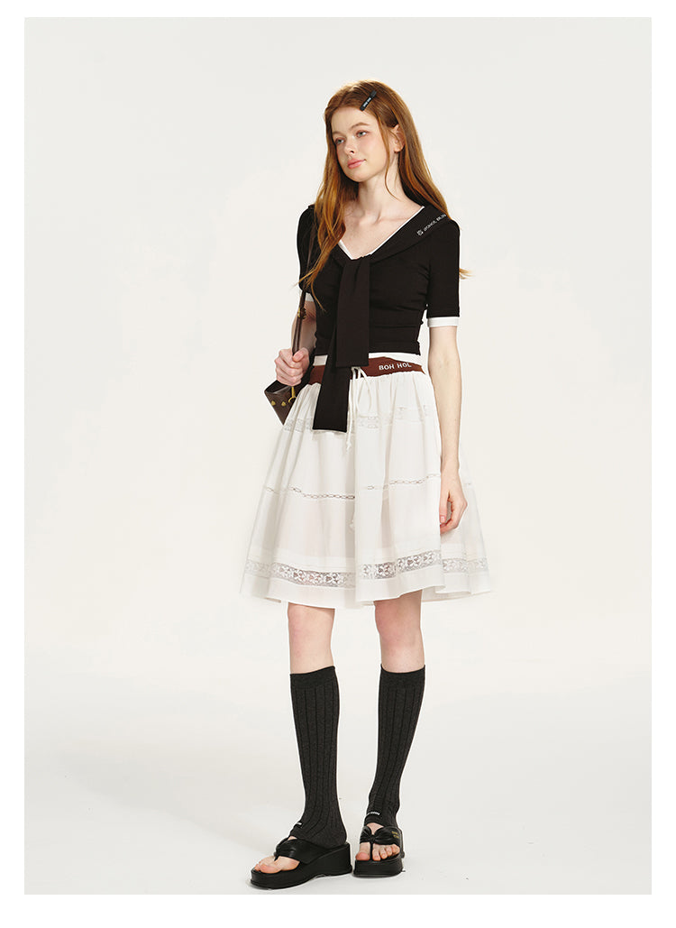 Layered Contrast Top With Sailor Collar And Tie Detail