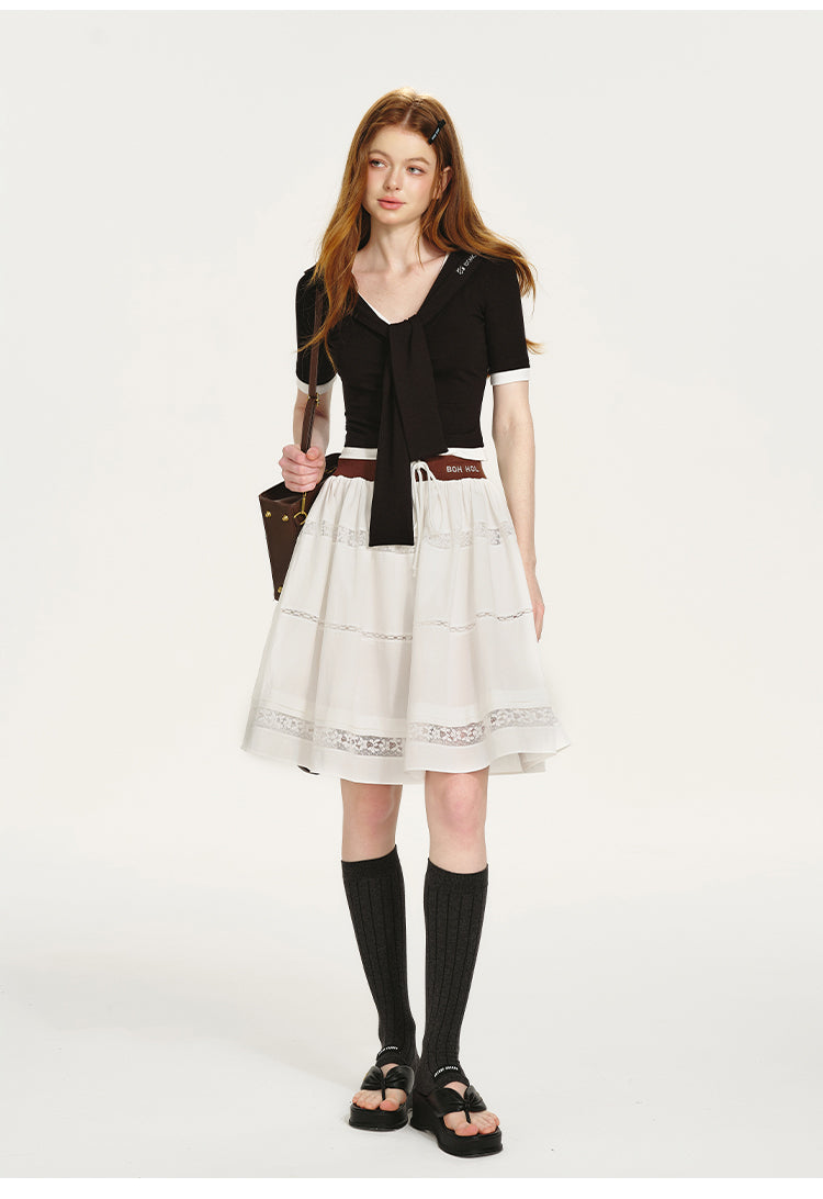 Layered Contrast Top With Sailor Collar And Tie Detail