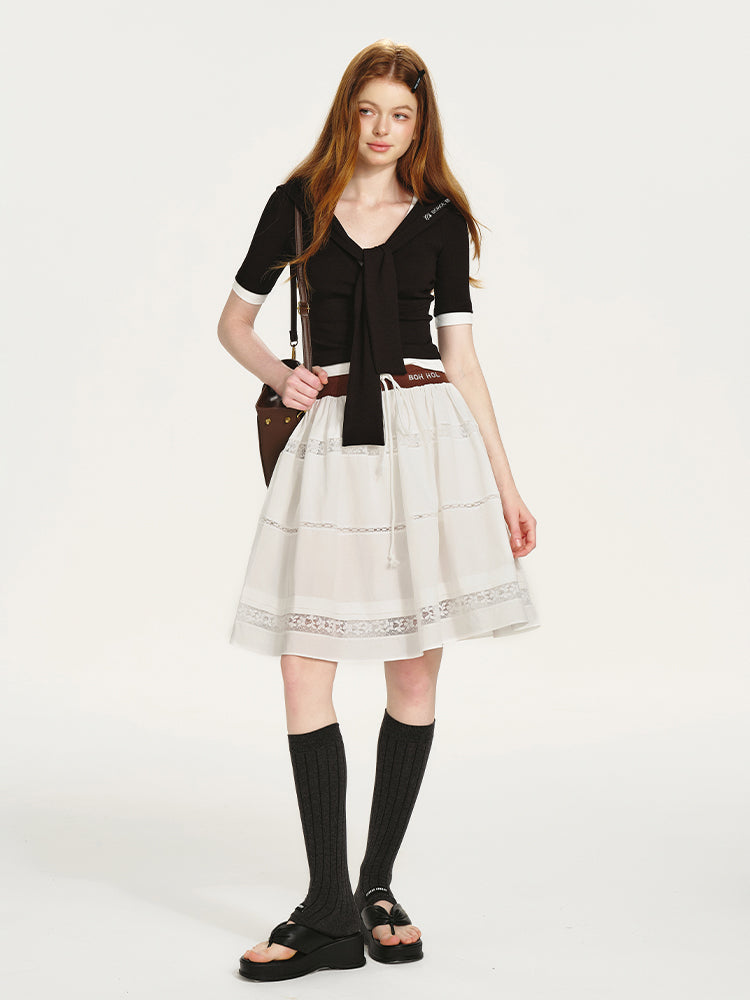 Layered Contrast Top With Sailor Collar And Tie Detail