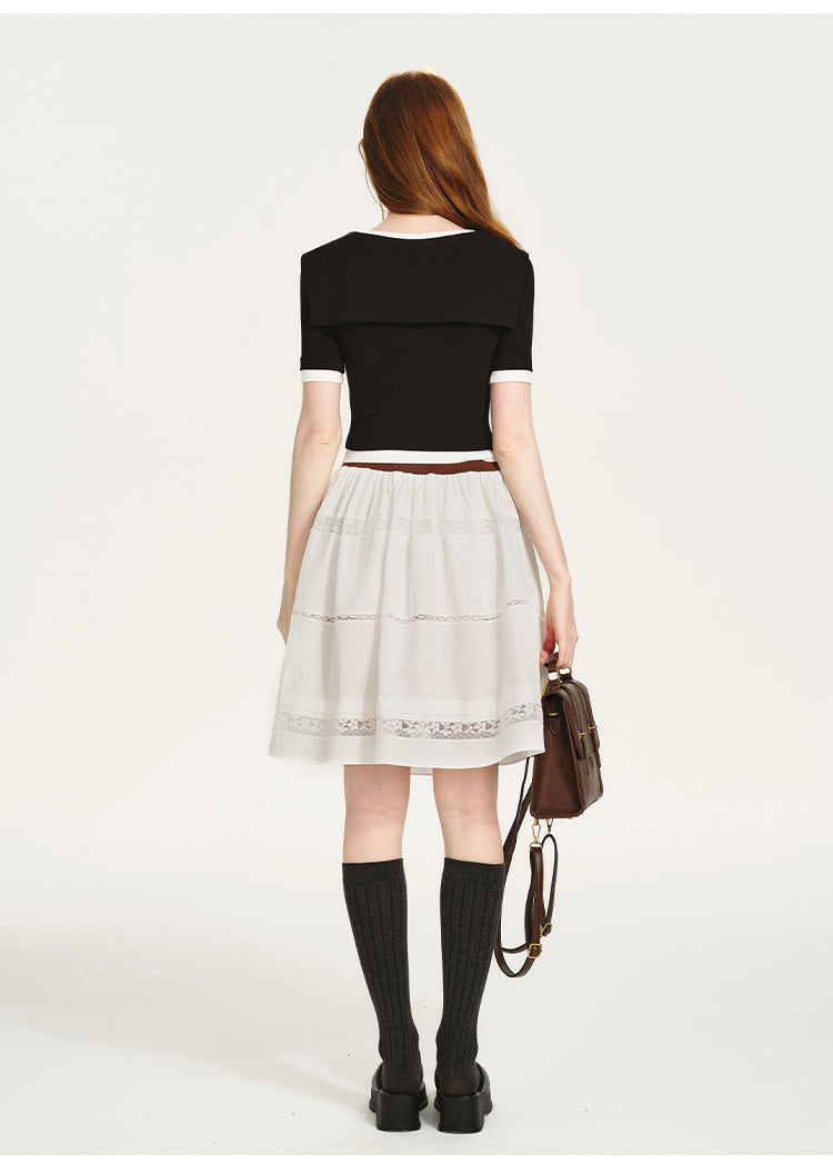 Layered Contrast Top With Sailor Collar And Tie Detail