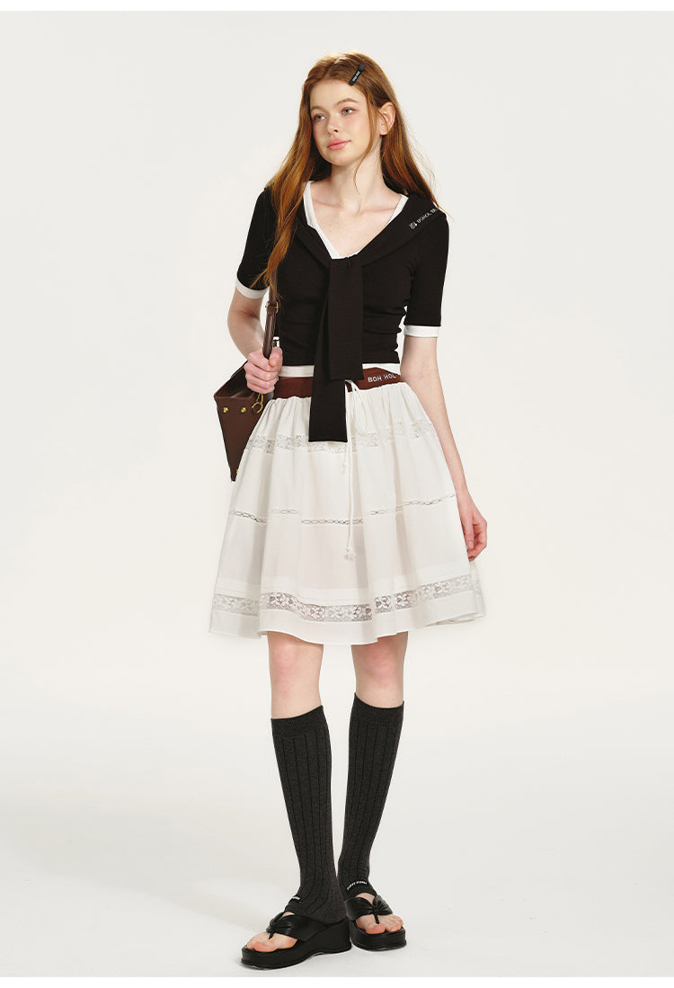Layered Contrast Top With Sailor Collar And Tie Detail