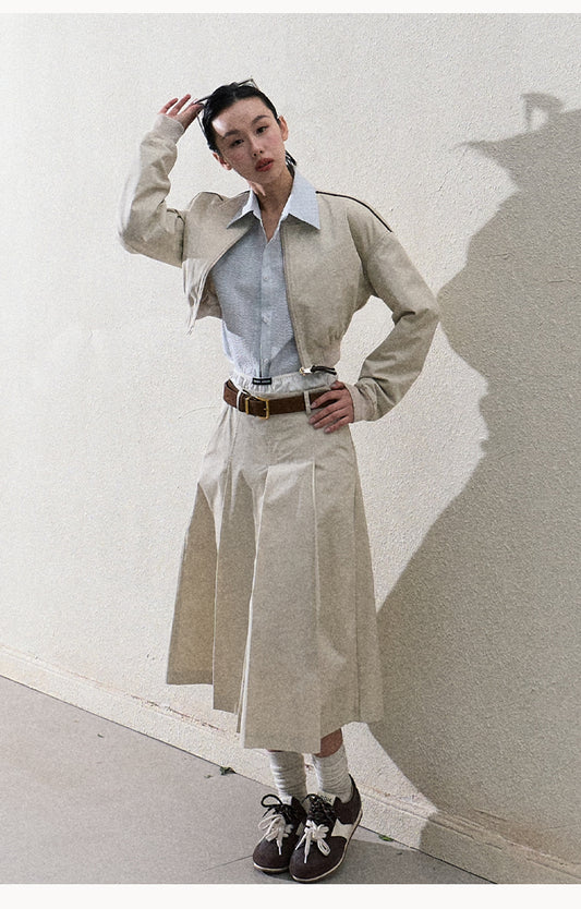 Cropped Cotton Zip-Up Jacket & Matching Wide-Pleat Skirt