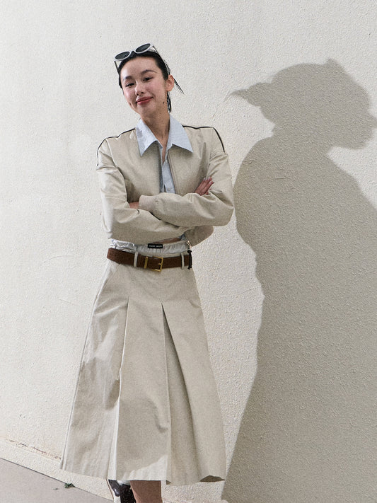 Cropped Cotton Zip-Up Jacket & Matching Wide-Pleat Skirt