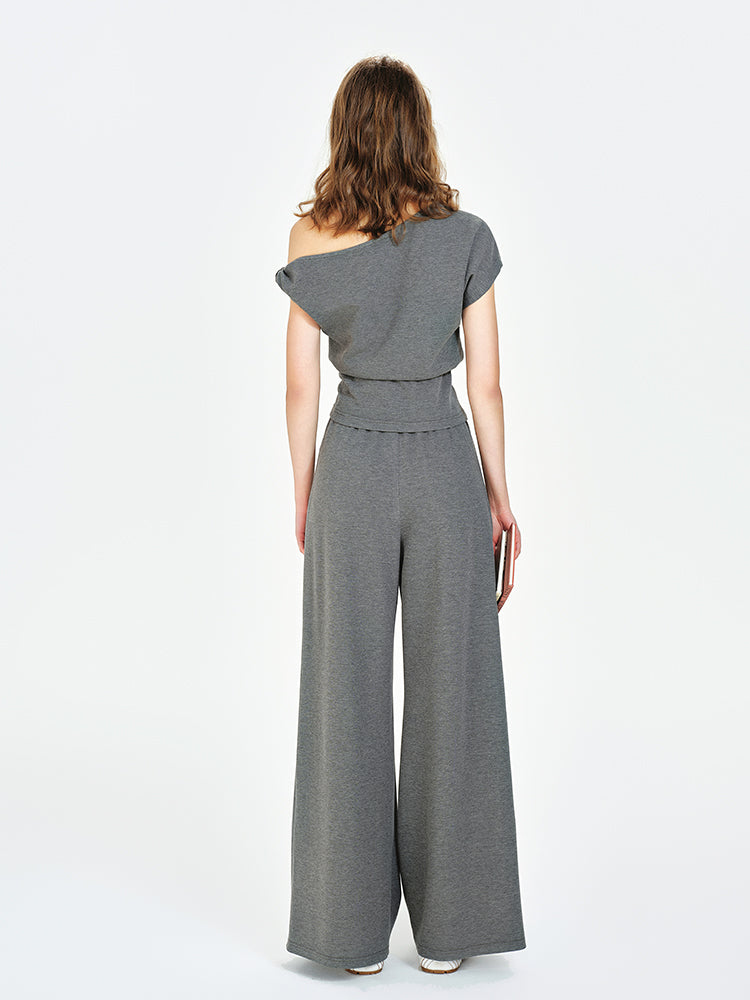 One-Shoulder Ruched Waist Top, Wide-Leg Pants