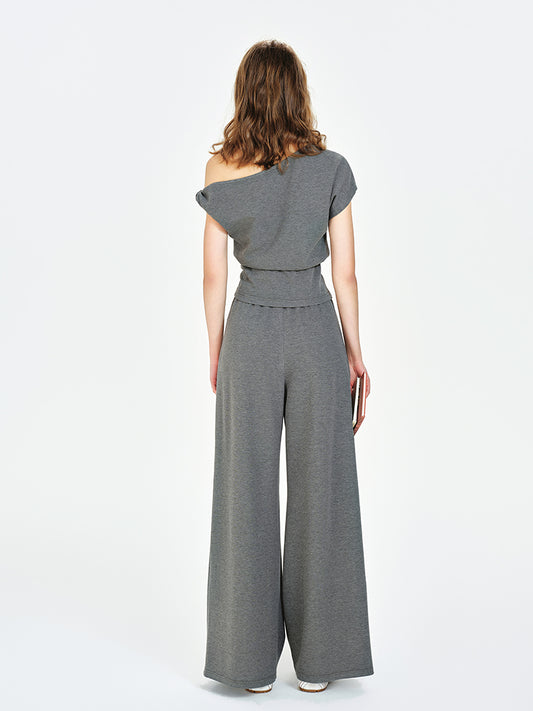One-Shoulder Ruched Waist Top, Wide-Leg Pants